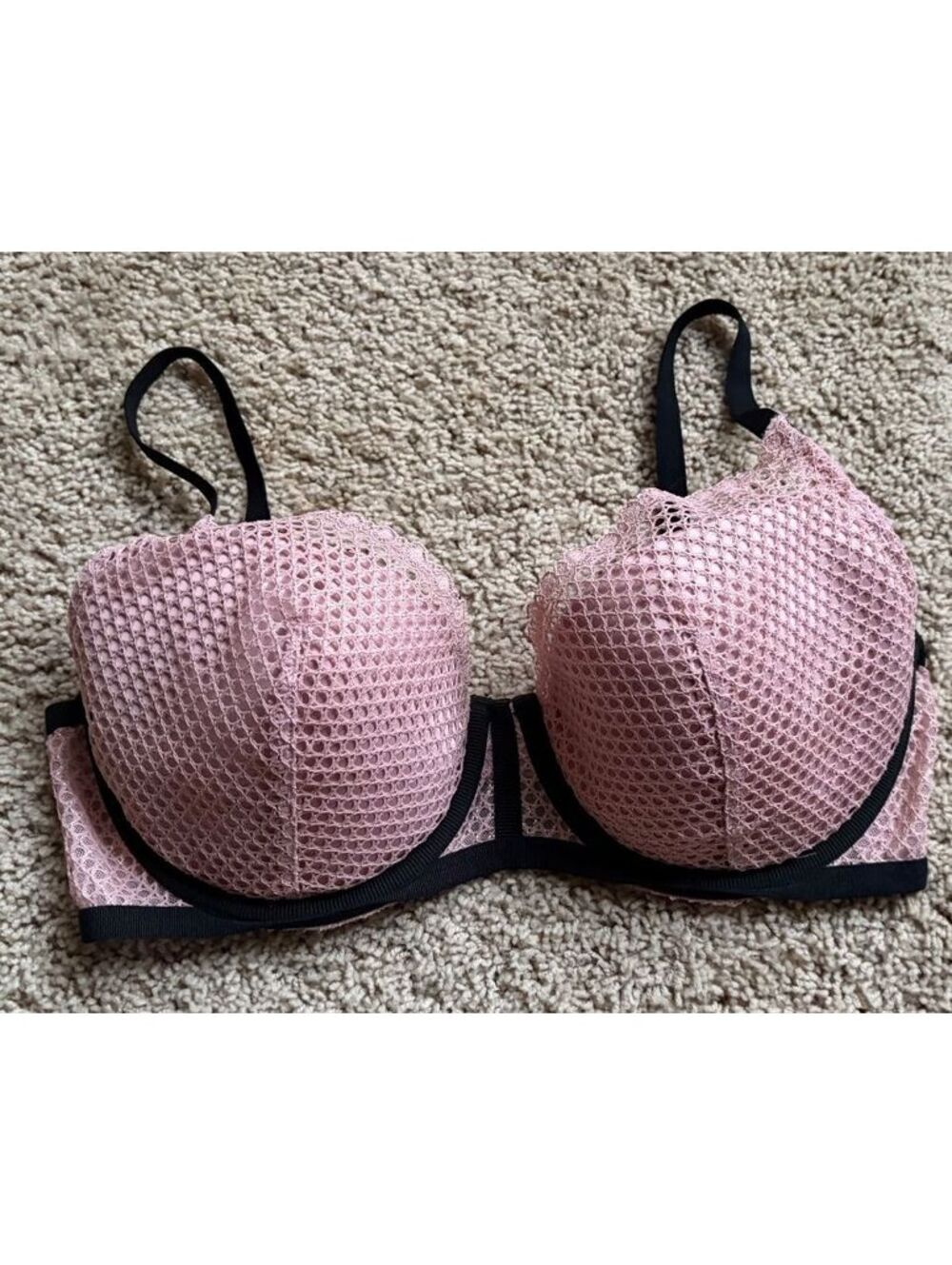 NWOT VS Victoria's Secret pink black 36DD plunge bras fishnet style overlay